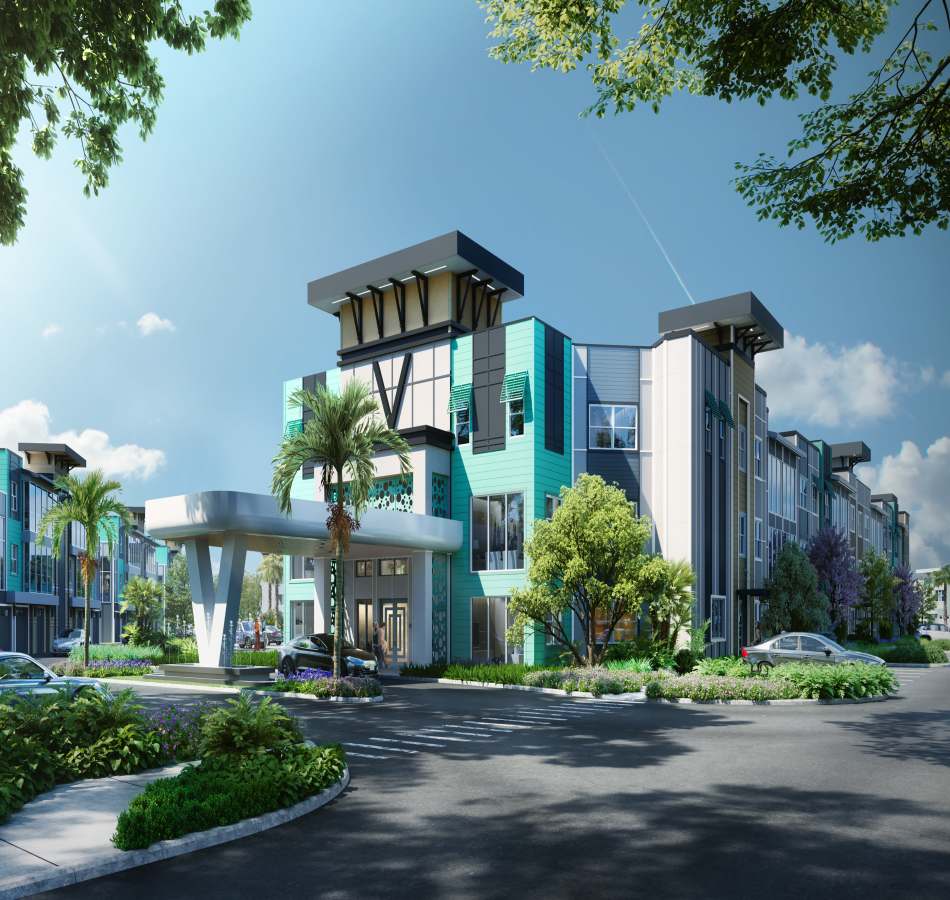 A street-level render of our apartment homes at The Vivien in Vero Beach, Florida