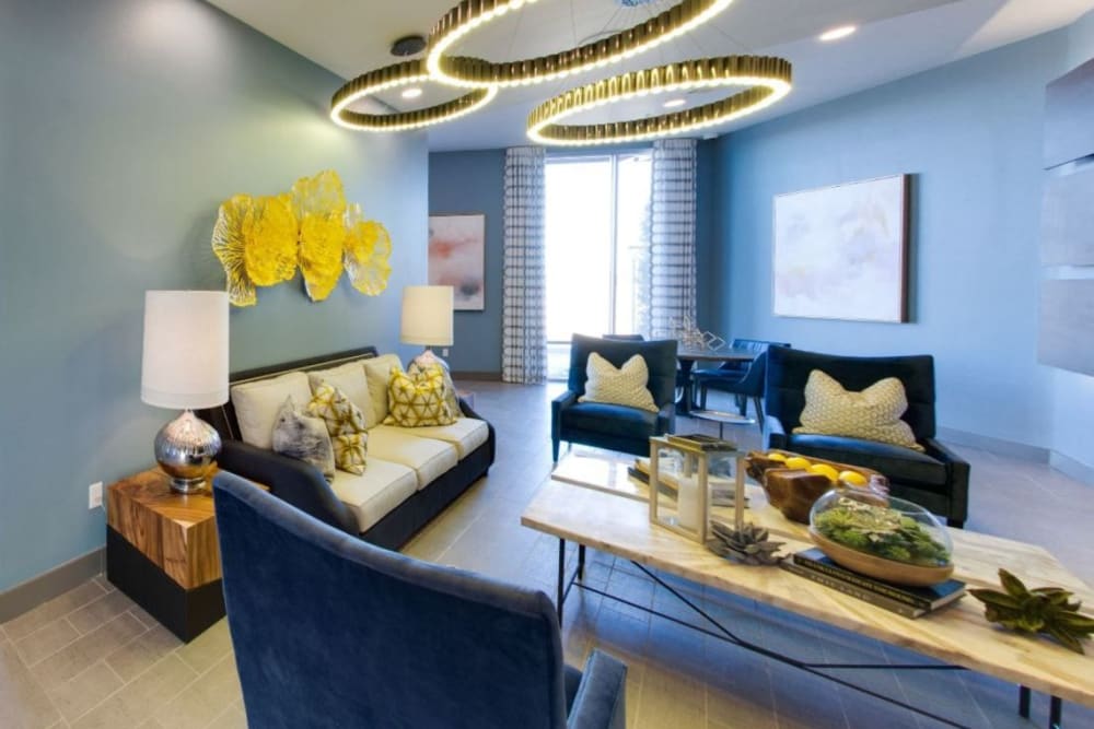 Stunning resident lounge area with eclectic modern lighting and furnishings at Argon in Oklahoma City, Oklahoma