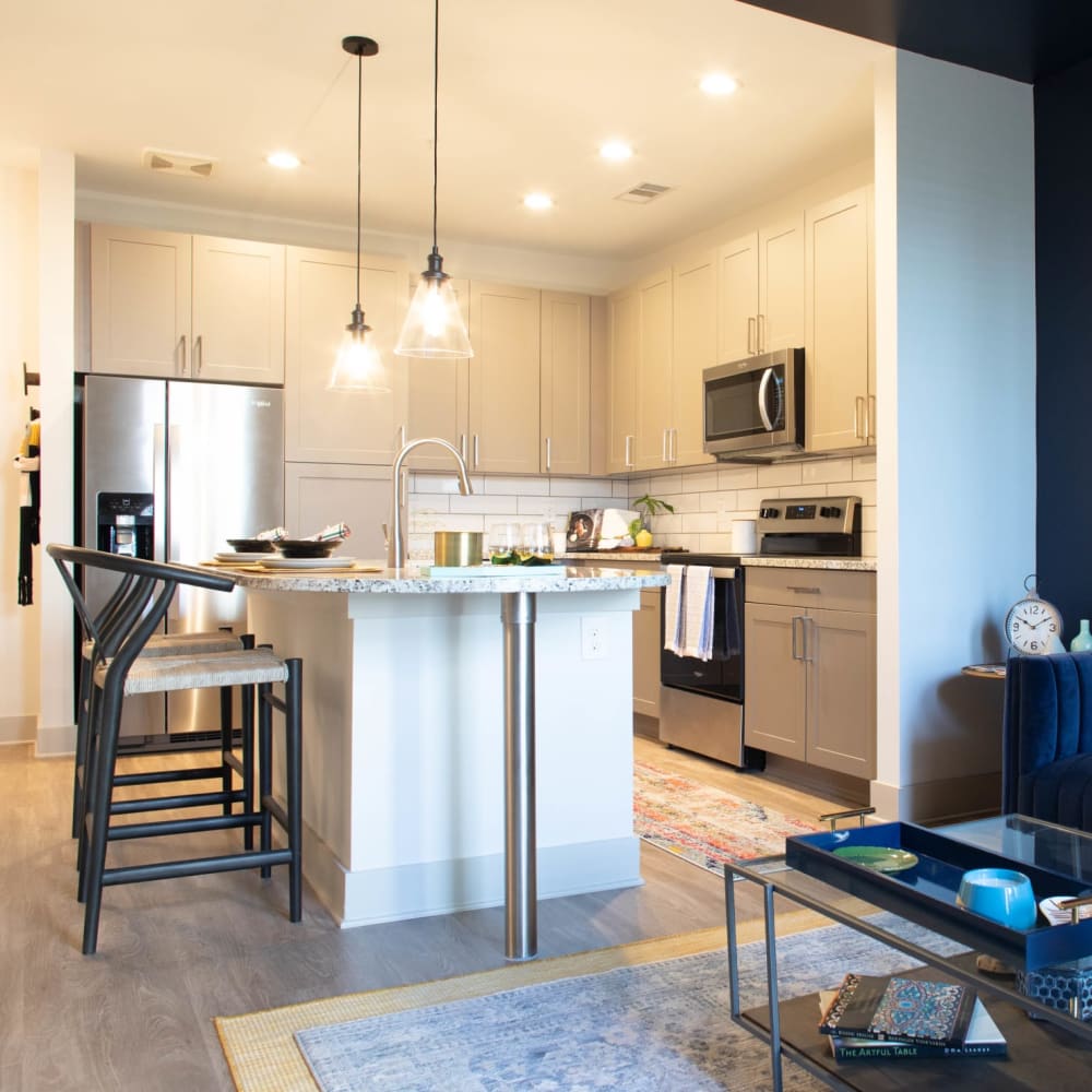 An island in an apartment kitchen at Foundry Yards in Birmingham, Alabama