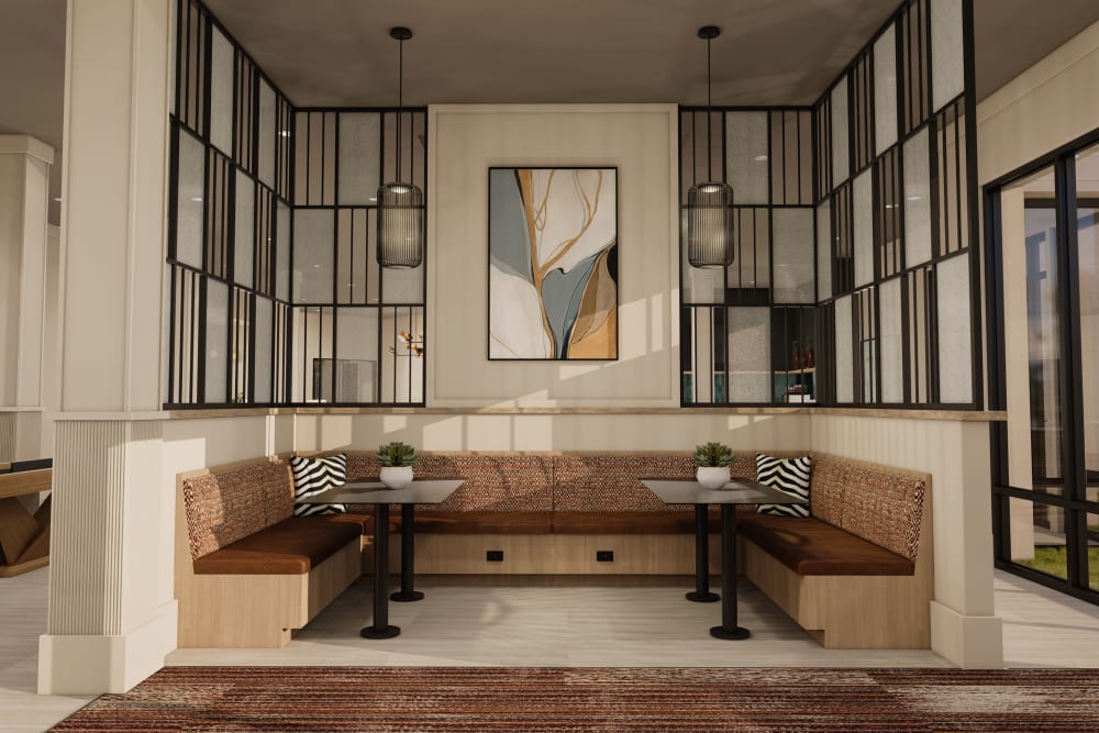Booth seating in the clubhouse at Main Street Vista in Holly Springs, North Carolina