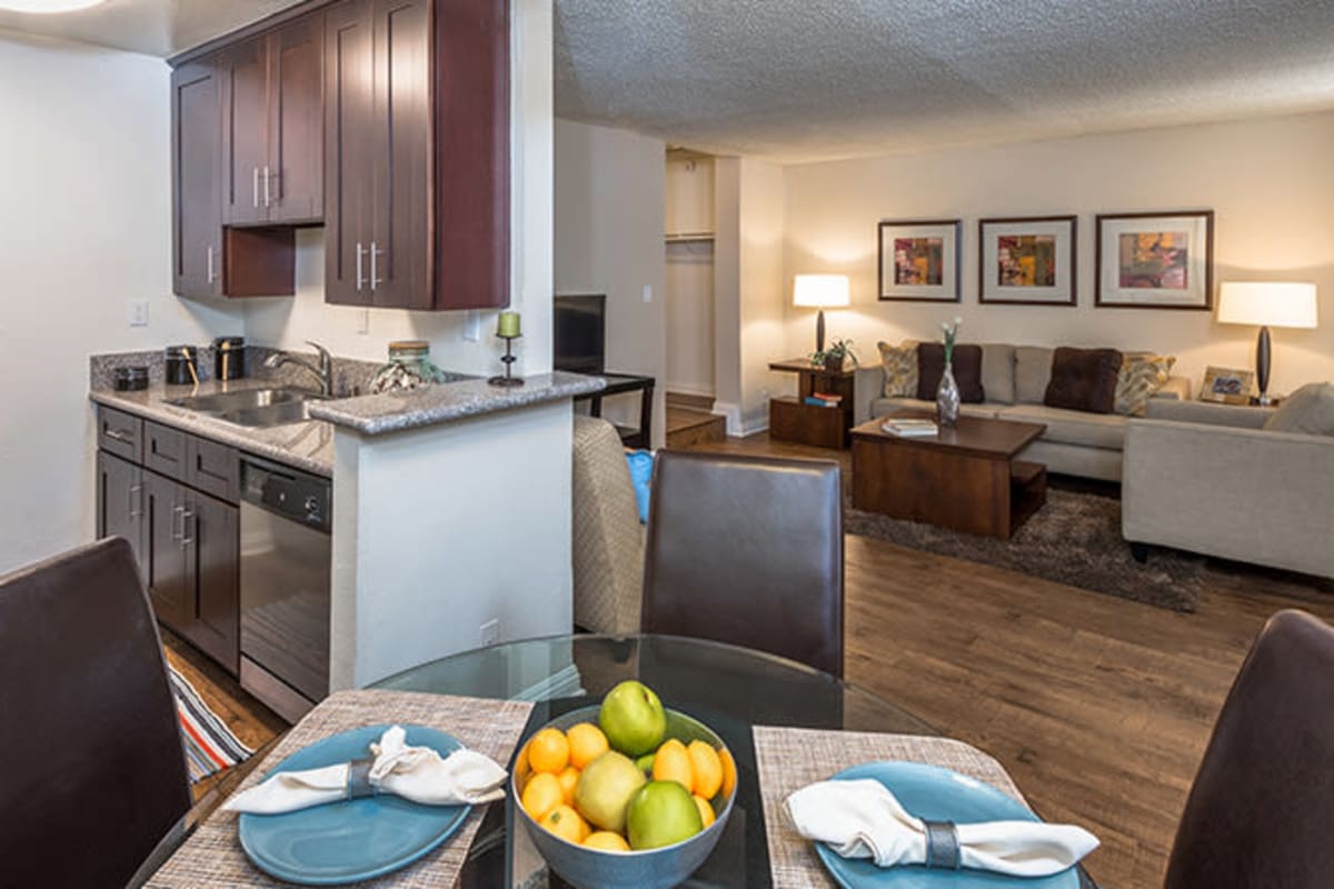 Apartment with dining table at Ariel Court, Los Angeles, California