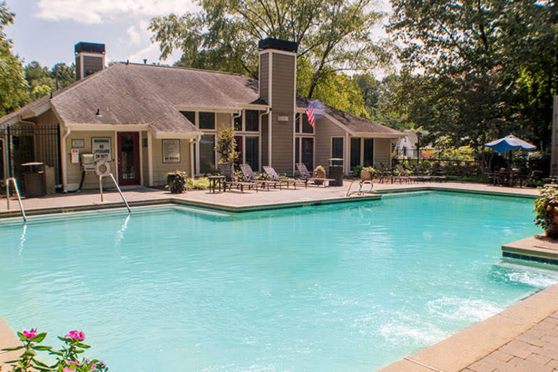 Resort-style swimming pool surrounded by chaise lounge chairs and mature trees at The Franklin in Marietta, Georgia