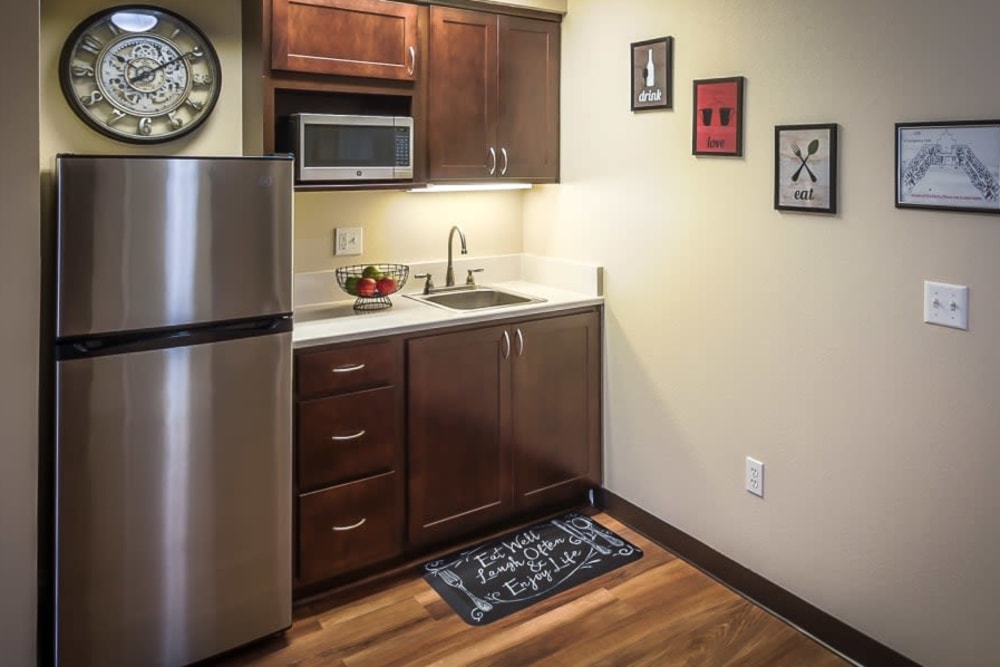 Kitchen in senior living apartment at Evergreen Senior Living in Eugene, Oregon.