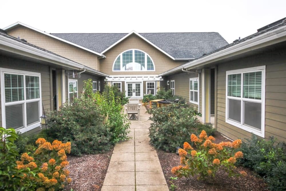 Garden path at Evergreen Memory Care in Eugene, Oregon.