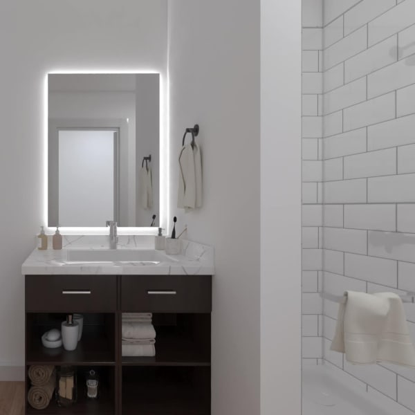 Rendering modern bathroom at Thea Apartments in Tacoma, Washington