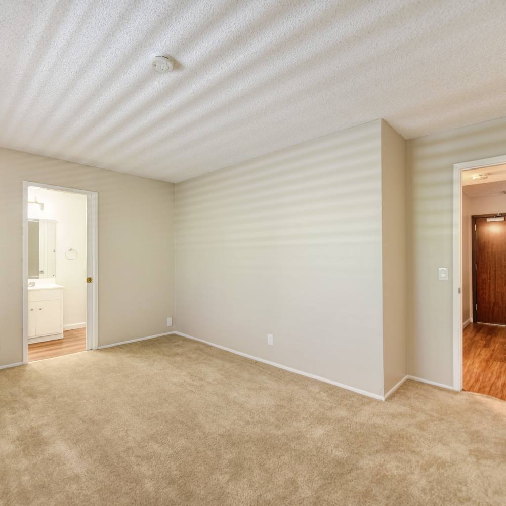 Bedroom with attached bathroom at Fayette Arms Apartments in Mountain View, California, 