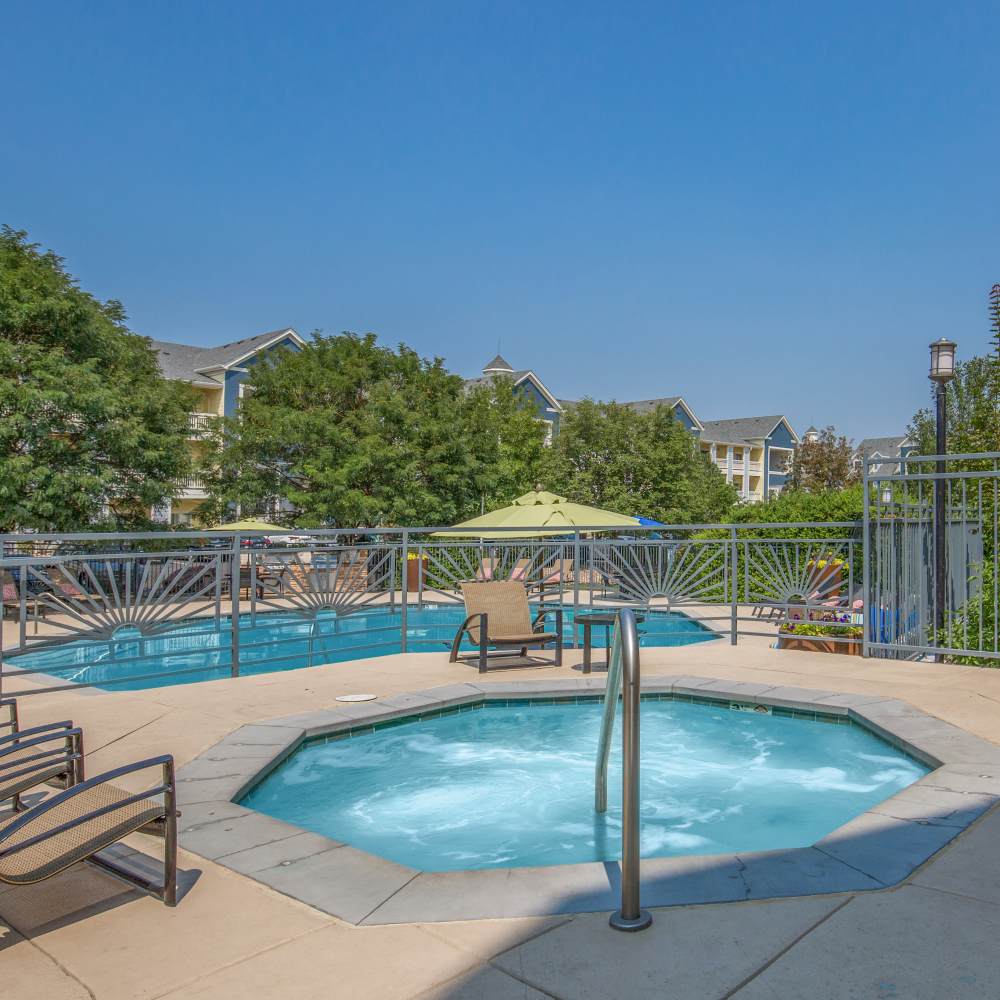Swimming pool with hot tub at One Belmar Place in Lakewood, Colorado
