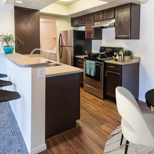 Brown Renovated Kitchen with Stainless Steel Appliances at Shadowbrook Apartments in West Valley City