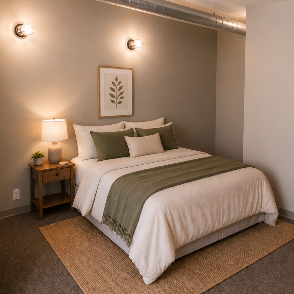 Cozy bedroom at East Village Square in Des Moines, Iowa