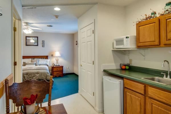 Assisted living apartment kitchen at Victorian Place of Hermann in Hermann, Missouri