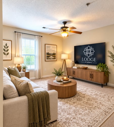 Furnished living room at Lodge at Lakeshore in Greensboro, North Carolina
