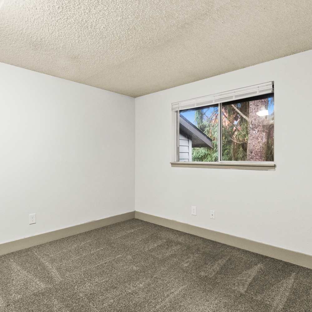 Spacious bedroom with a window at Lodge at Madrona Ridge in Tacoma, Washington