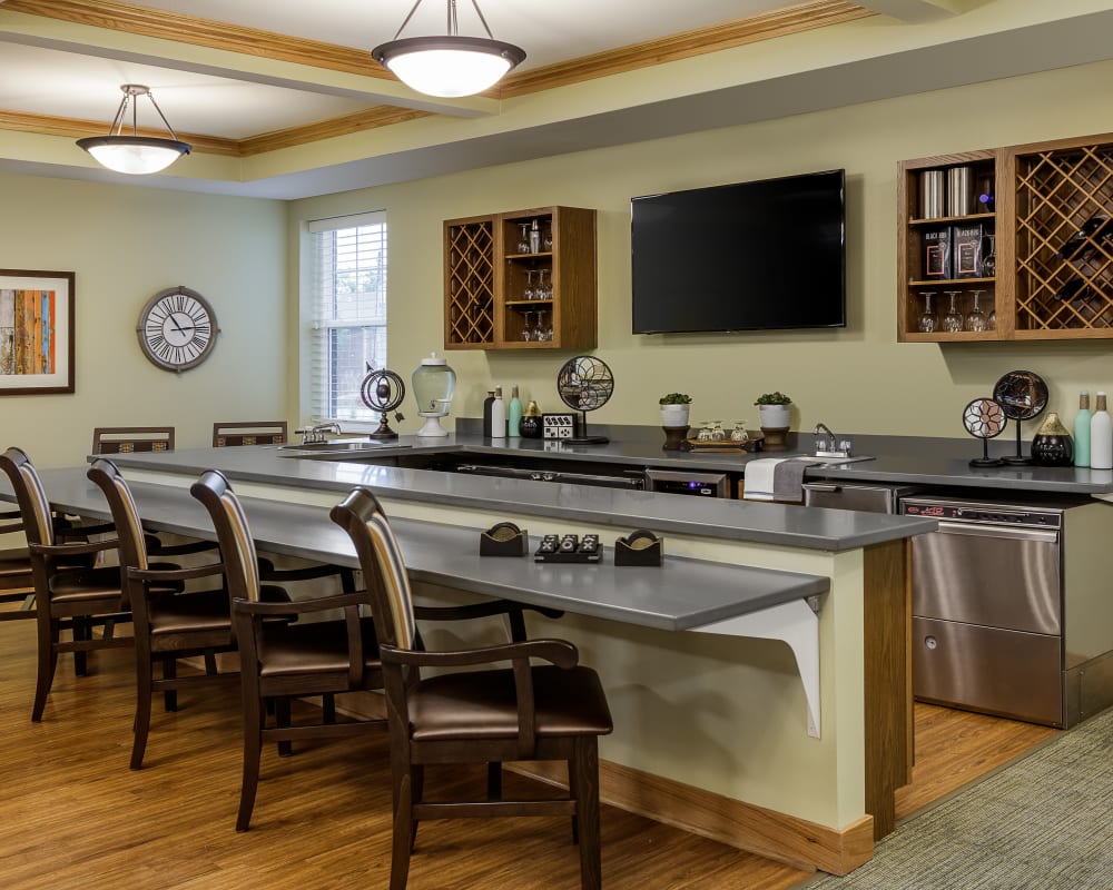 Community kitchen with a serving bar at Edencrest at Beaverdale in Des Moines, Iowa.