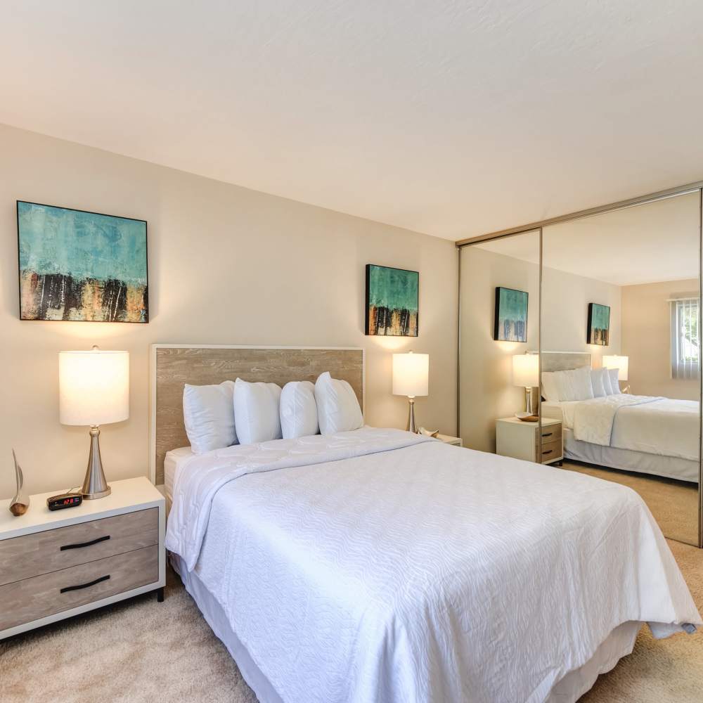 Bedroom in a gated apartment at Glenwood Garden Apartments in Mountain View, California
