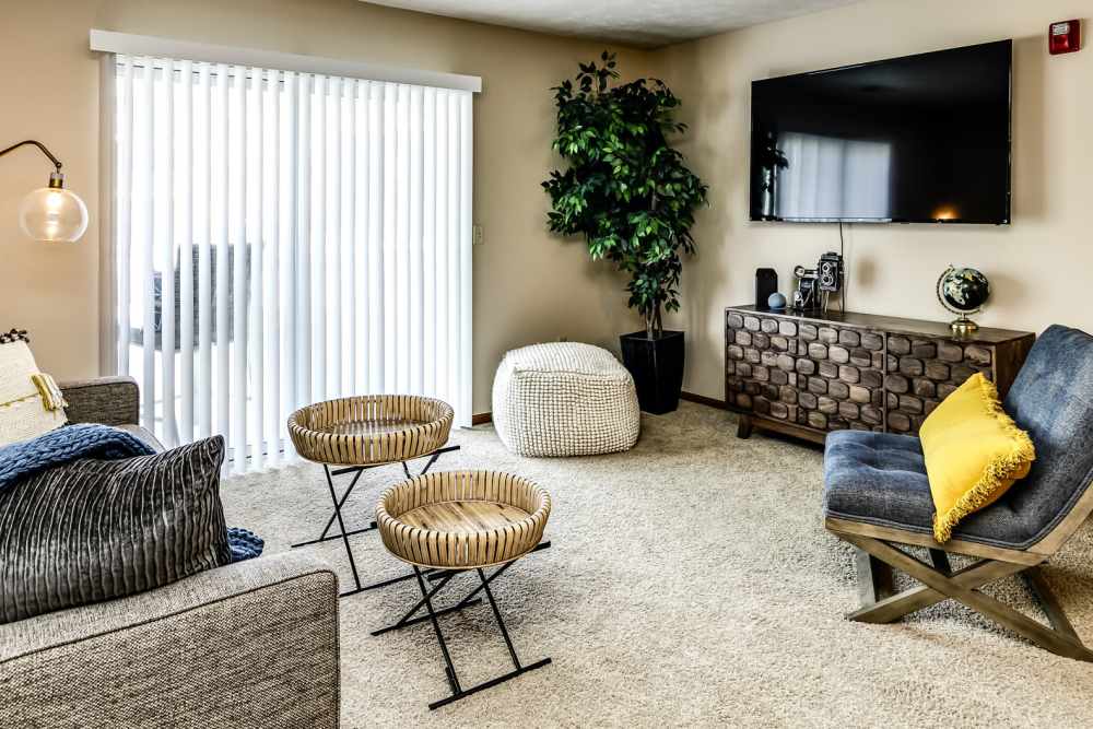 Living room with plush carpeting and television at The Falgrove Apartments in Omaha, Nebraska