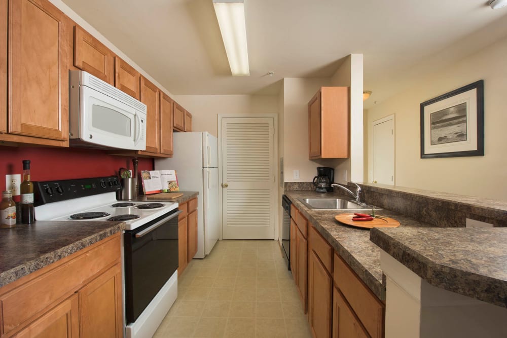 A kitchen with nice countertops at Park Villas Apartments in Lexington Park, Maryland