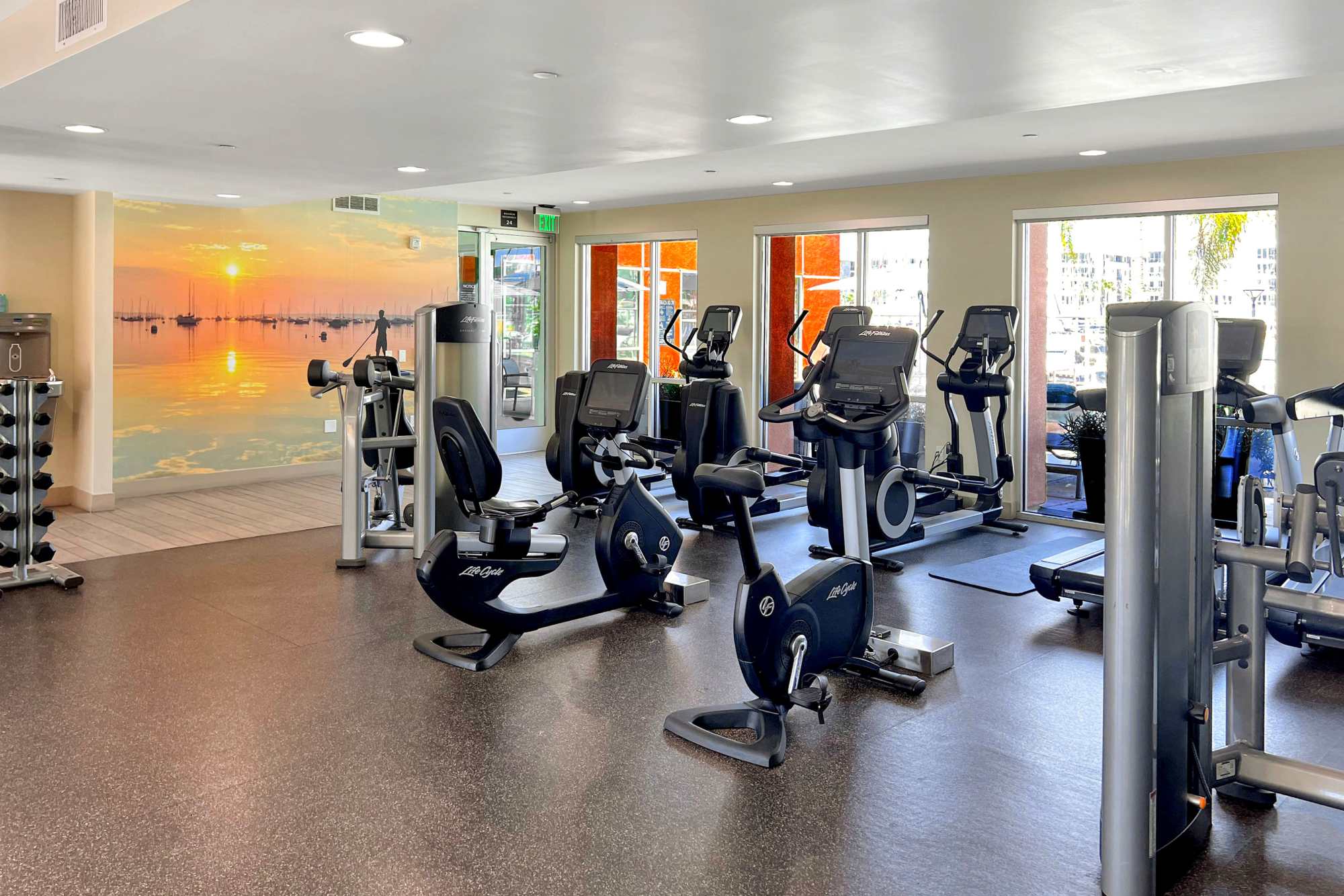 State-of-the-art fitness equipment at Harborside Marina Bay Apartments in Marina del Rey, California