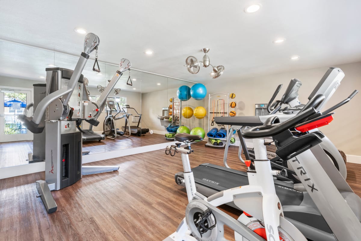 Fitness center with modern equipment at Rancho Luna Sol, Fremont, California