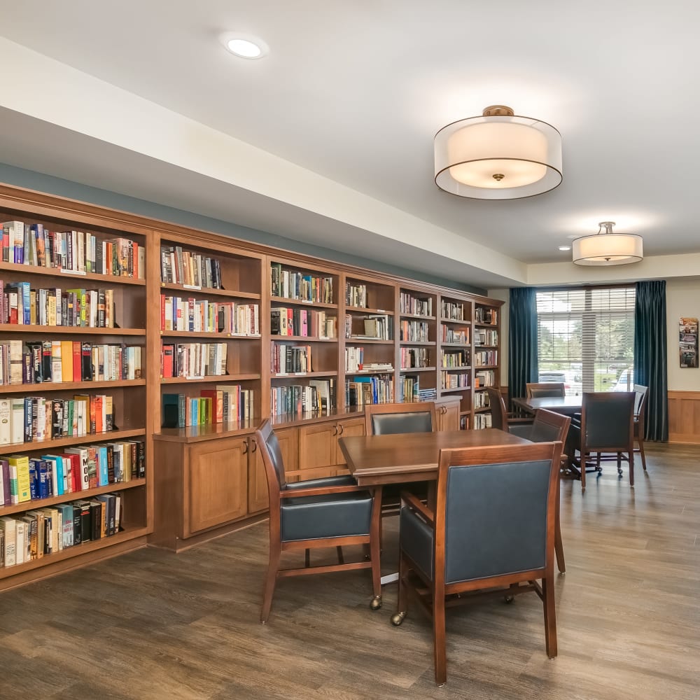 The library at Applewood Pointe of Roseville at Central Park in Roseville, Minnesota.