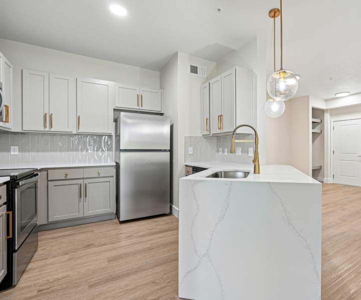 Kitchen with quartz countertops and stainless-steel appliances at Langford in Charlotte, North Carolina 