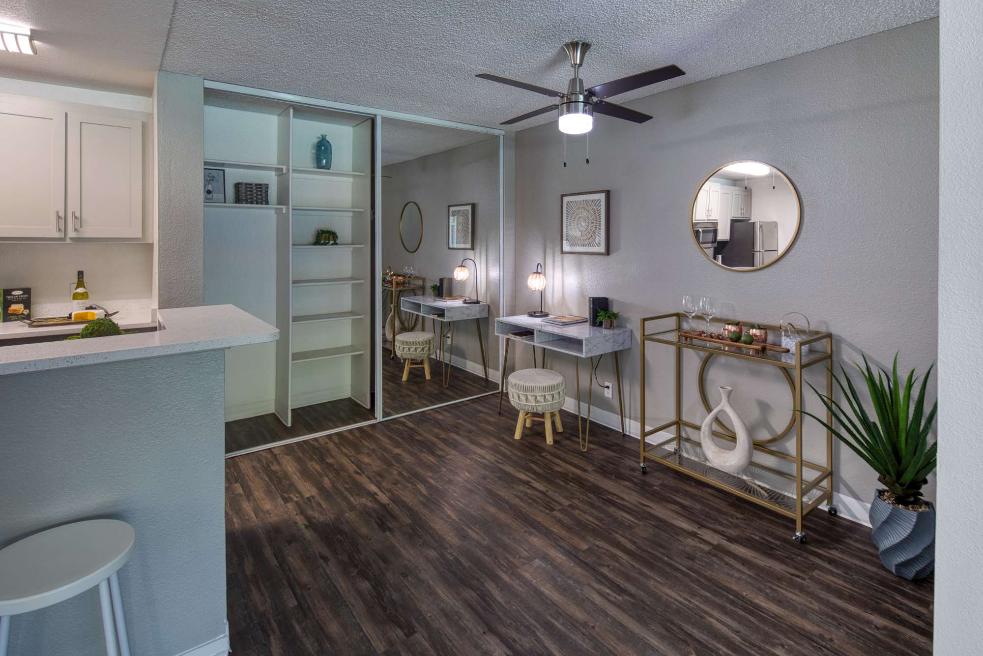Study table area with wood flooring at Falls at Arden in Sacramento, California