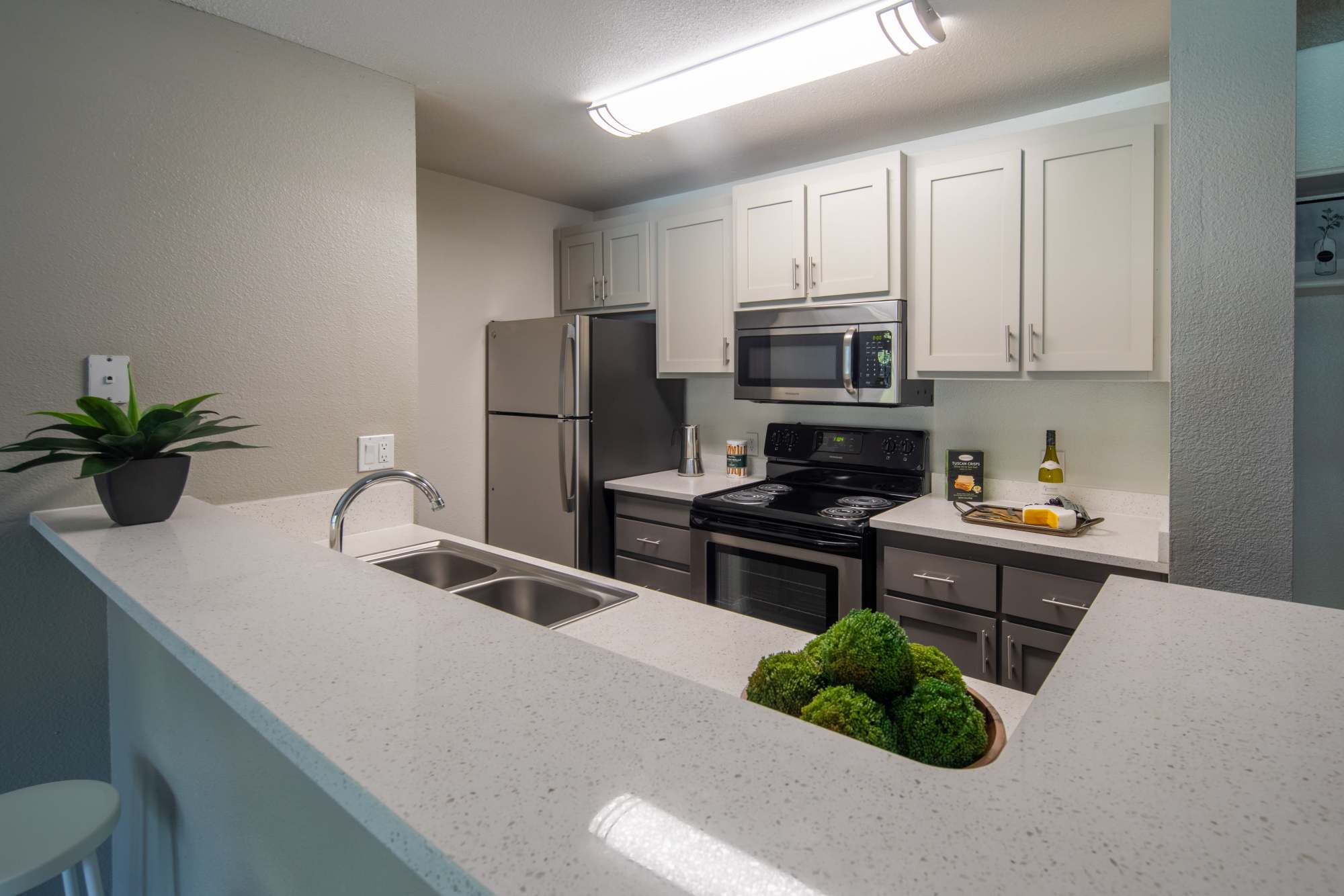 Kitchen with stainless-steel appliances at Falls at Arden in Sacramento, California