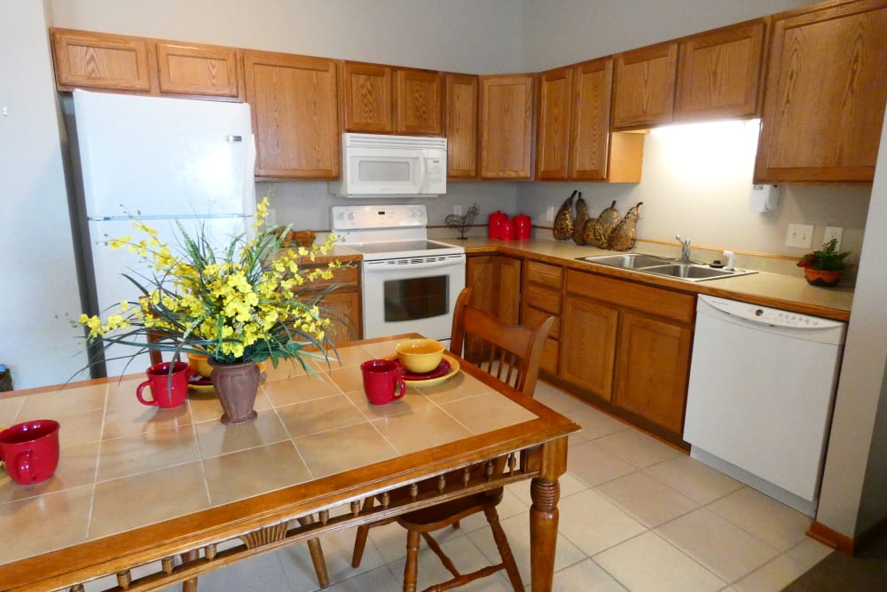 Spacious kitchen at The Lakeside Village in Panora, Iowa.