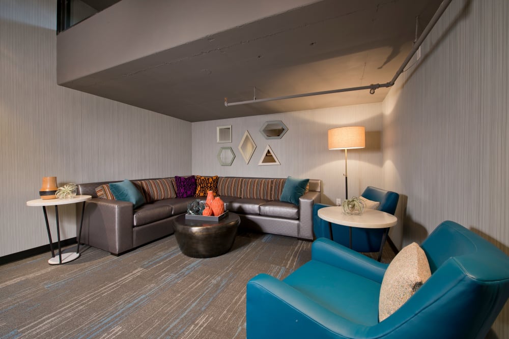 Spacious lobby with comfortable seating at Harrison Tower in Portland, Oregon