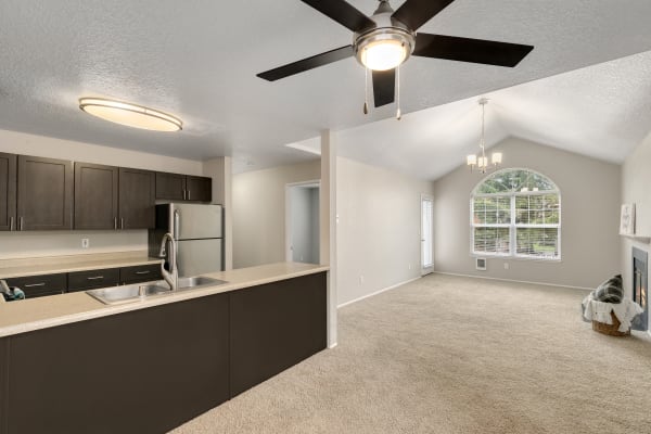 interior shot, brown renovated kitchen at Carriage Park Apartments in Vancouver