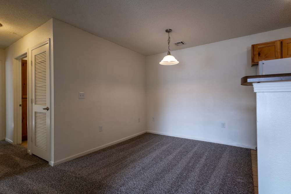 Spacious living area with plush carpeting and warm lighting at Adobe Ranch in Borger, Texas.