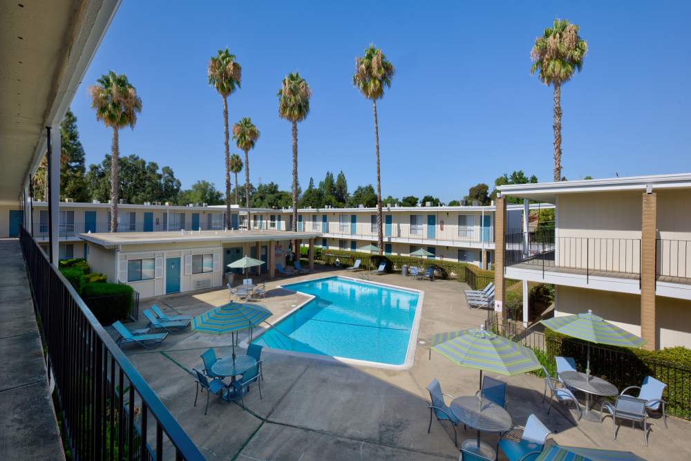 Aerial view of swimming pool at Fair Oaks Apartments in Sacramento,California