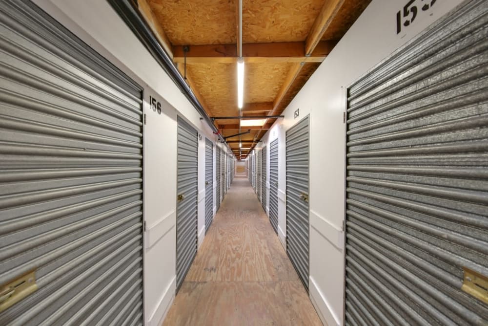 A row of indoor storage units at A-1 Self Storage in El Cajon, California