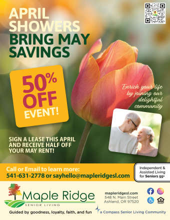 Monthly flyer at Maple Ridge Senior Living in Ashland, Oregon