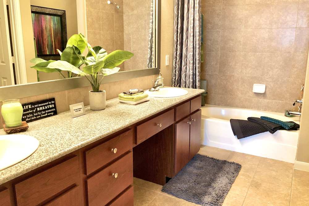Spacious bathrooms with standard bath tub at The Abbey at Stone Oak in San Antonio, Texas