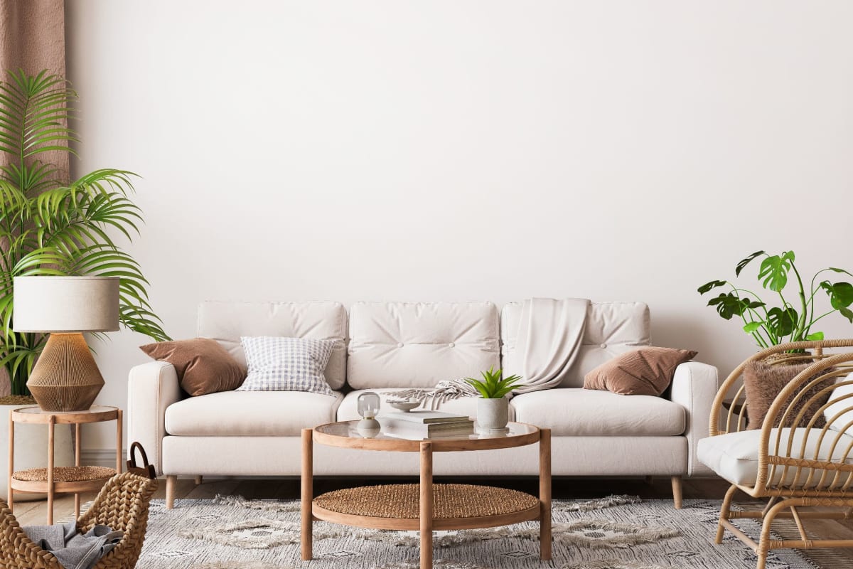 A sofa with end tables and houseplants at Kaitlin Court, Los Angeles, California