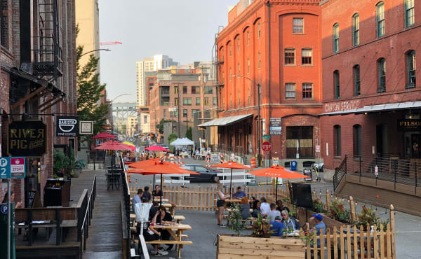 Outdoor seating at a restaurant near Downtown Self Storage - Davis Street in Portland, Oregon