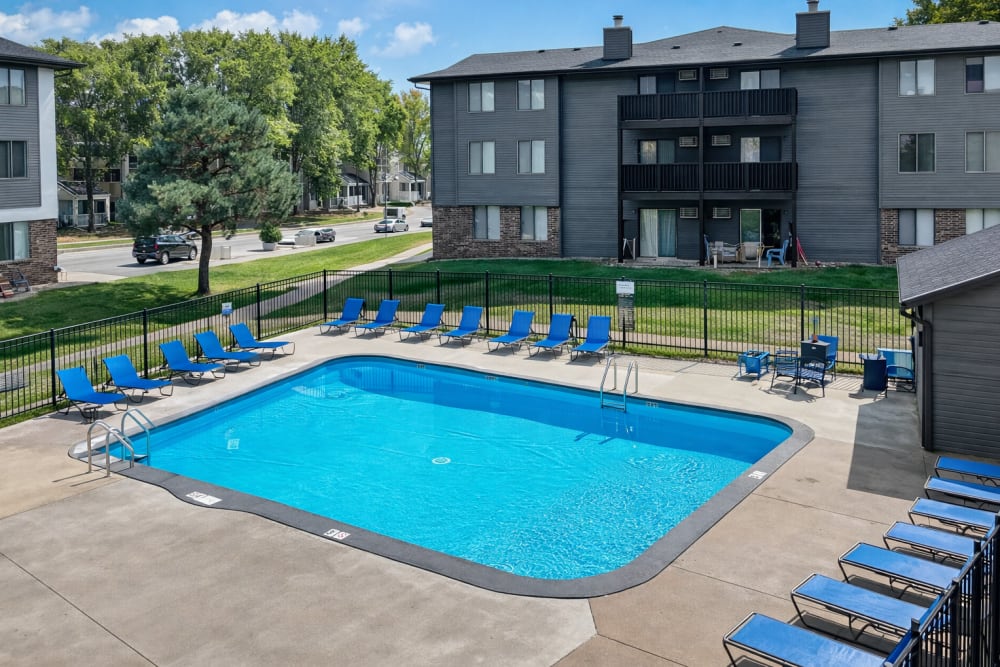 Aerial view of swimming pool at Westwood Apartments in West Des Moines,Iowa