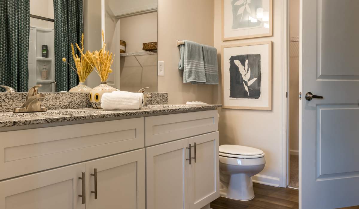 Upgraded bathroom with granite countertops at Lullwater at Riverwood in Evans, Georgia