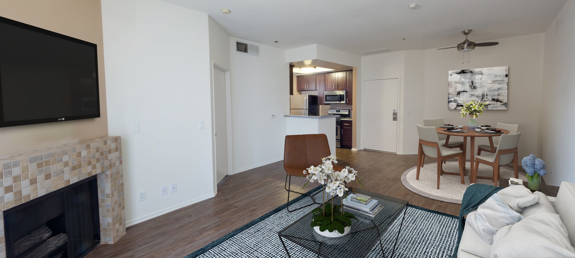 Well decorated model living room at The Joshua Apartments, Los Angeles, California