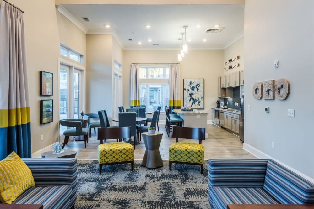 Common area seating and meeting spaces at Leland Station in Leland, North Carolina