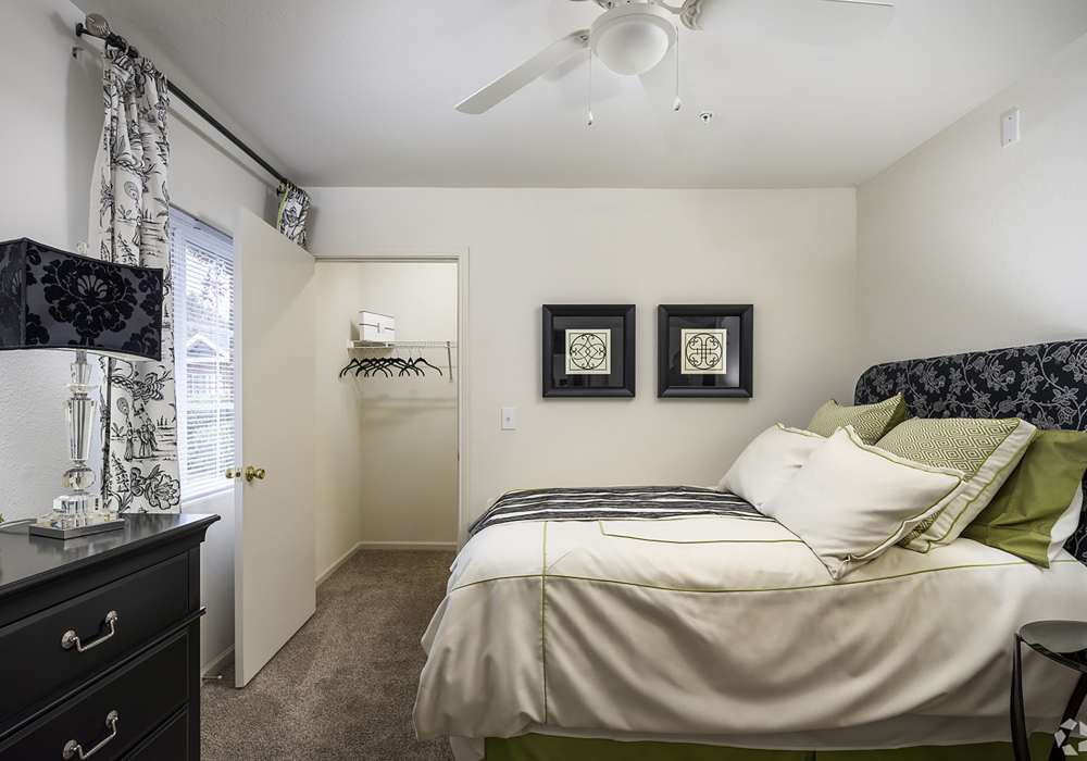 Large bedroom with walk in closet and ceiling fan at Cedarcrest Village in Lexington, South Carolina