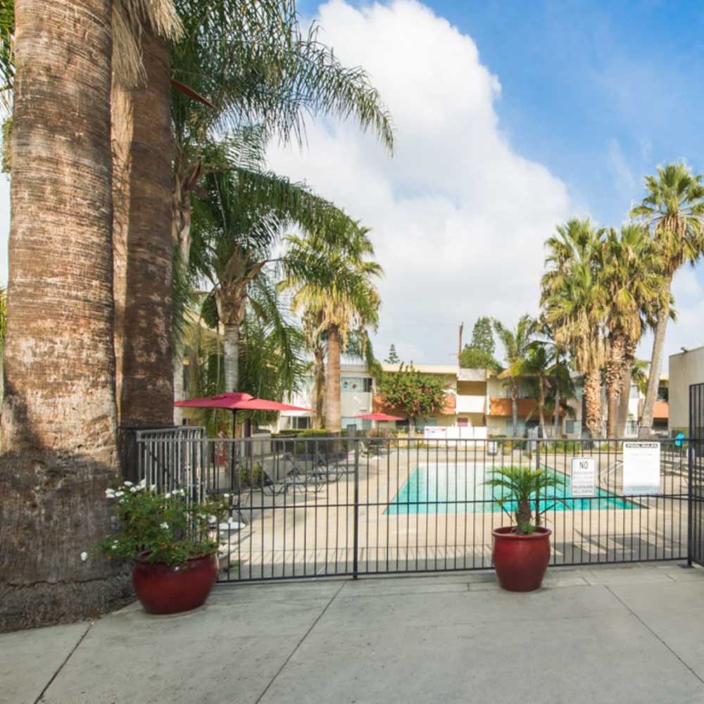 Modern swimming pool with proper fencing at Las Palmas Apartment Homes in Covina,California