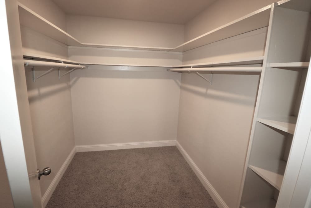 Large walk-in closet with shelves and plenty of storage at Marina Haven Apartments in San Leandro, California