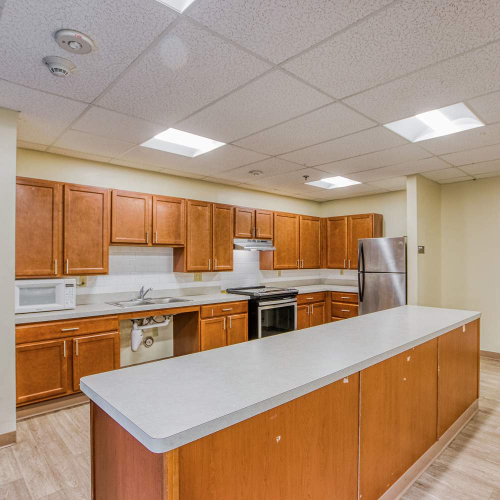 Community room kitchen at Village Center in Detroit, Michigan