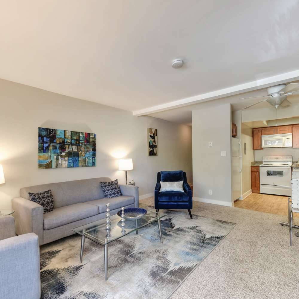 View of kitchen from living room at Fayette Arms Apartments in Mountain View, California, 