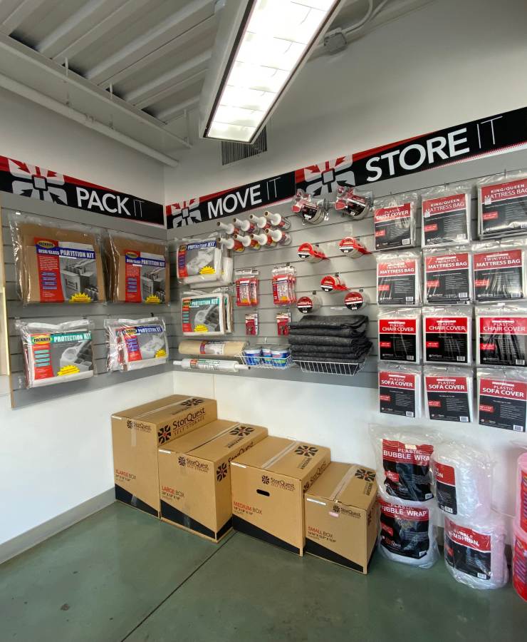 Packing supplies available inside the leasing office at StorQuest Self Storage in Woodland Hills, California