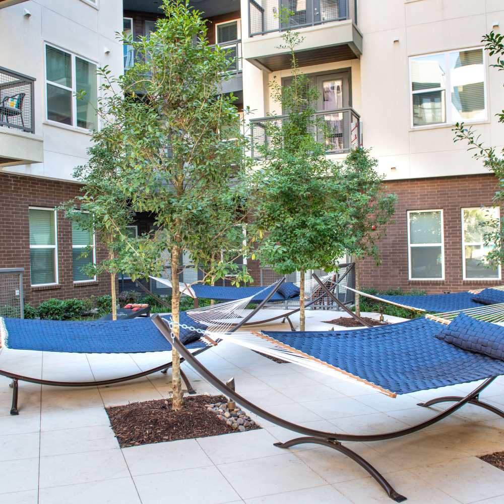 Outdoor lounge area with hammocks at Hall Street Flats in Dallas, Texas