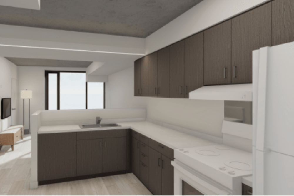 Rendering of modern kitchen with wooden cabinets at Lark Landing in San Francisco, California