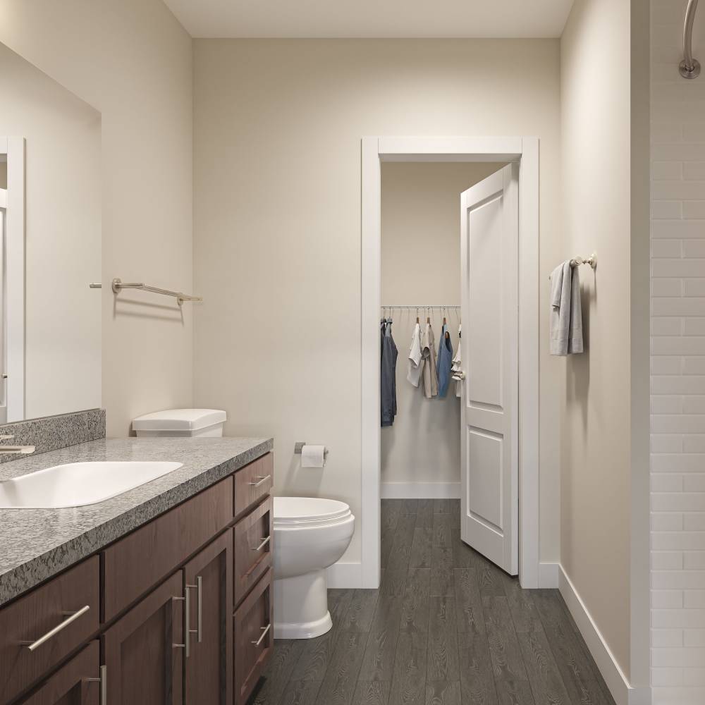 Bathroom with vanity and walk-in shower at The Cascade at Foundry Creek in Richmond, Virginia