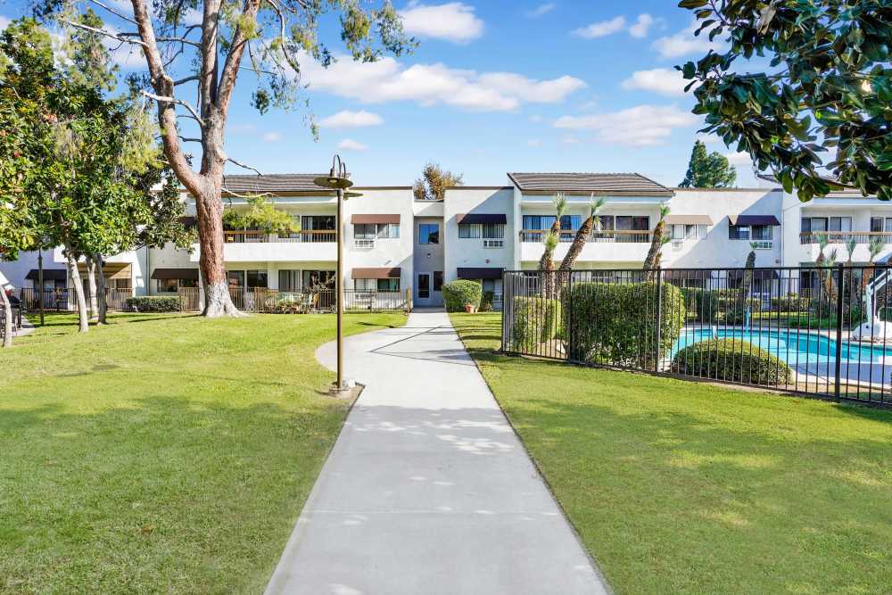 Outdoor walkway through a landscaped courtyard with grass and trees, leading toward multi-story residential buildings and a fenced pool area at Citrus Place in Riverside, California